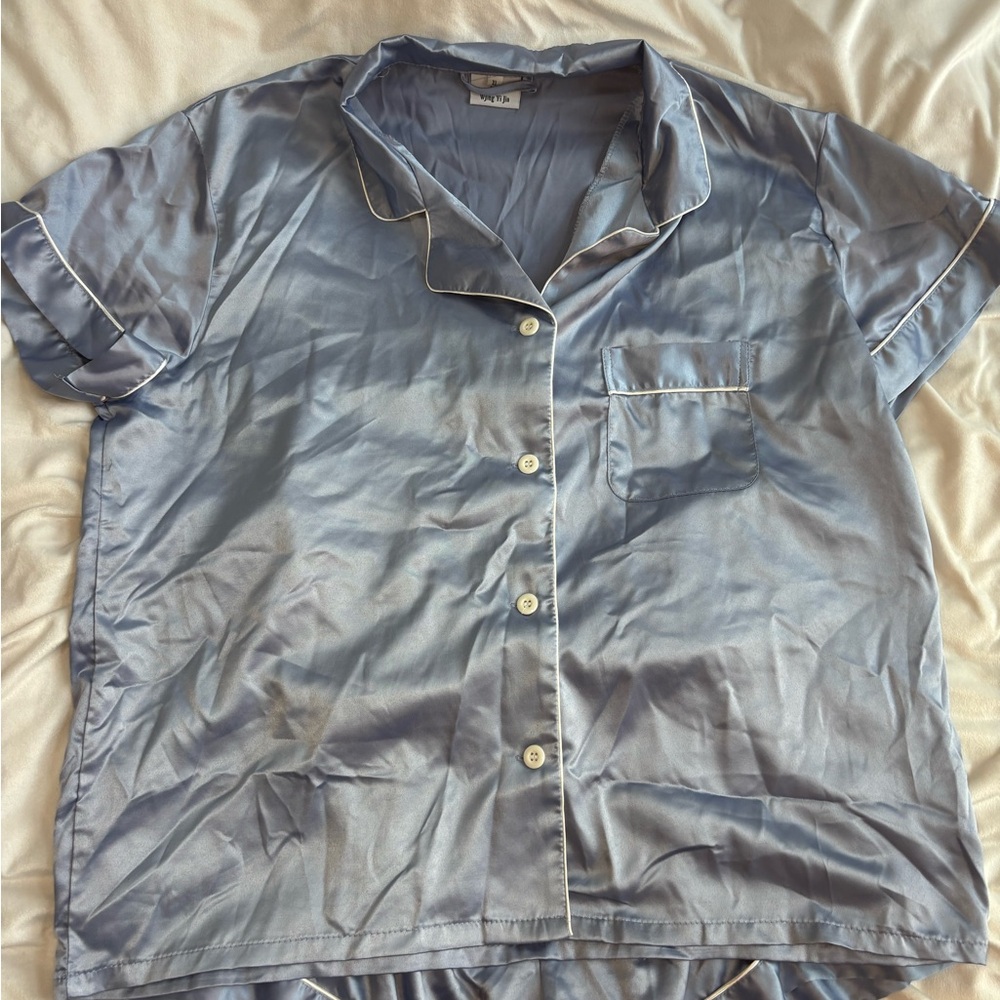 Blue Satin Button Up and Shorts Pajama Set - Woman’s Size XL